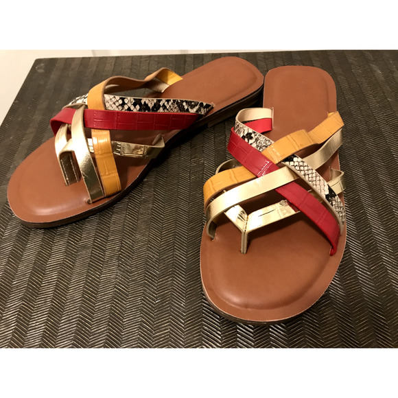 BAMBOO Strappy Flat Sandals, size 9, Colorful Metallic Slides Animal Print - Picture 2 of 7